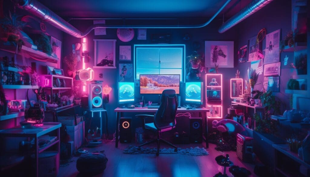 Una habitación con luces de neón y una computadora.
