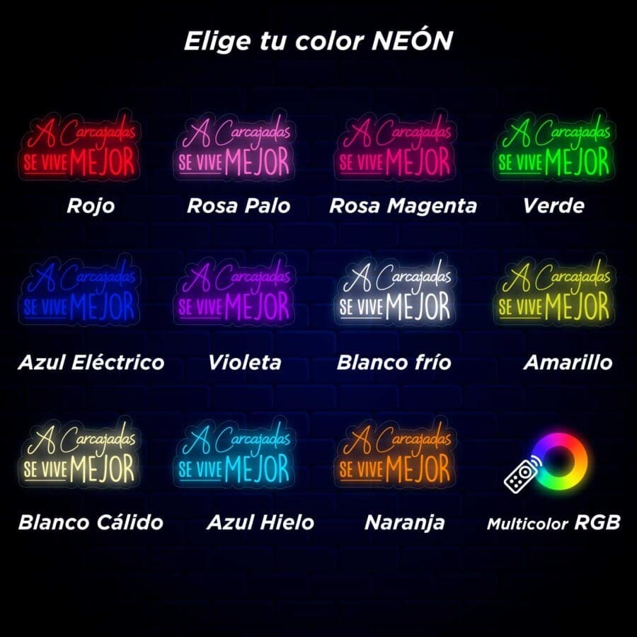 Un colorido letrero de neón con las palabras "Neón A carcajadas se vive mejor" para colorear el neón.