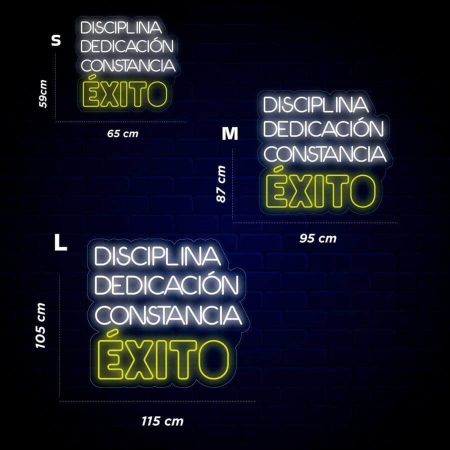 Letrero de Neón gimnasios. Disciplina, Dedicación, Constancia, Éxito.