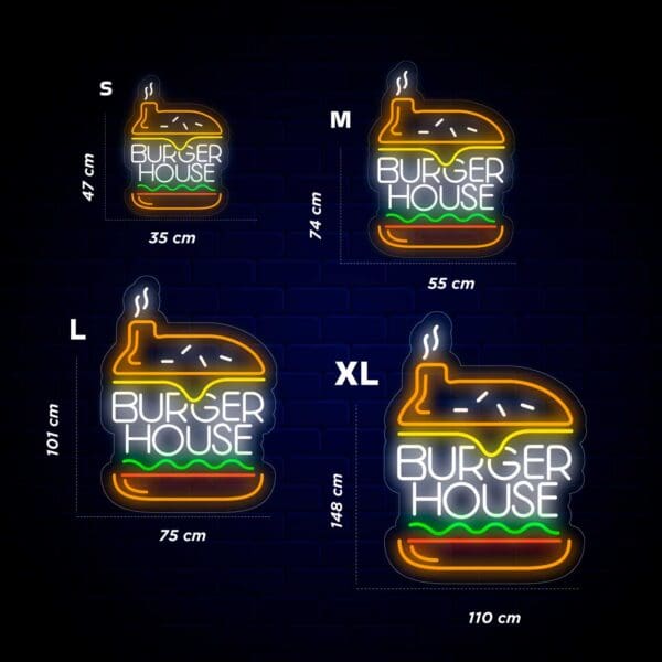 Una colección de carteles de neón de Burger House que muestran el hashtag #BurgerLove para Burger House.