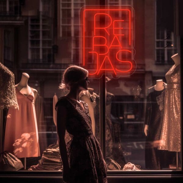 Una mujer está parada frente al escaparate de una tienda Neón Rebajas