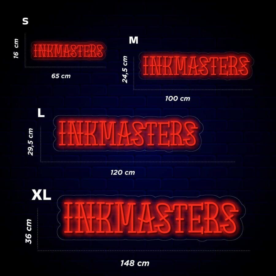 Una colección de vibrantes letreros de neón que muestran la palabra "Neón Inkmasters" en un diseño inspirado en tatuajes.