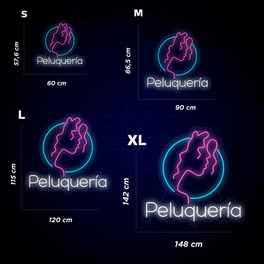 Un conjunto de letreros de Neón Peluquería Mujer, con vibrantes luces de neón.