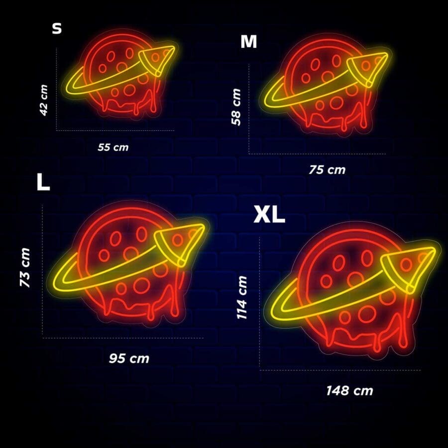 Una vibrante variedad de letreros Neón Pizza Planet, que muestran una variedad de tamaños y sabores.
