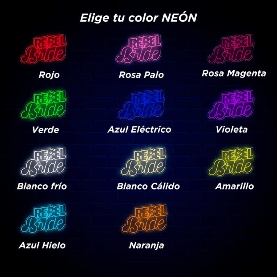 Un grupo de carteles Neón Rebel Bride con colores vibrantes.