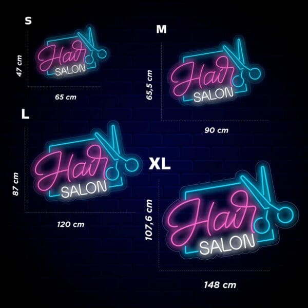 Un cartel de Neón Hair Salon Medidas