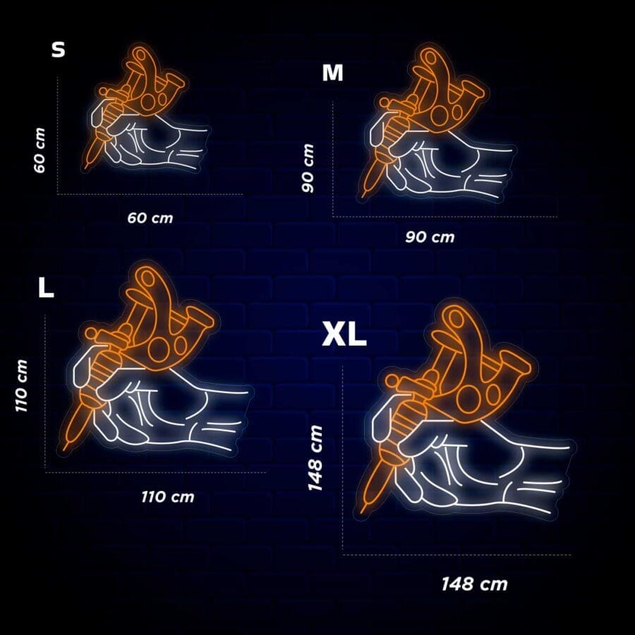 Un diagrama que muestra las medidas precisas de un tatuaje creado por Neón Tattoo Mano del Artista.