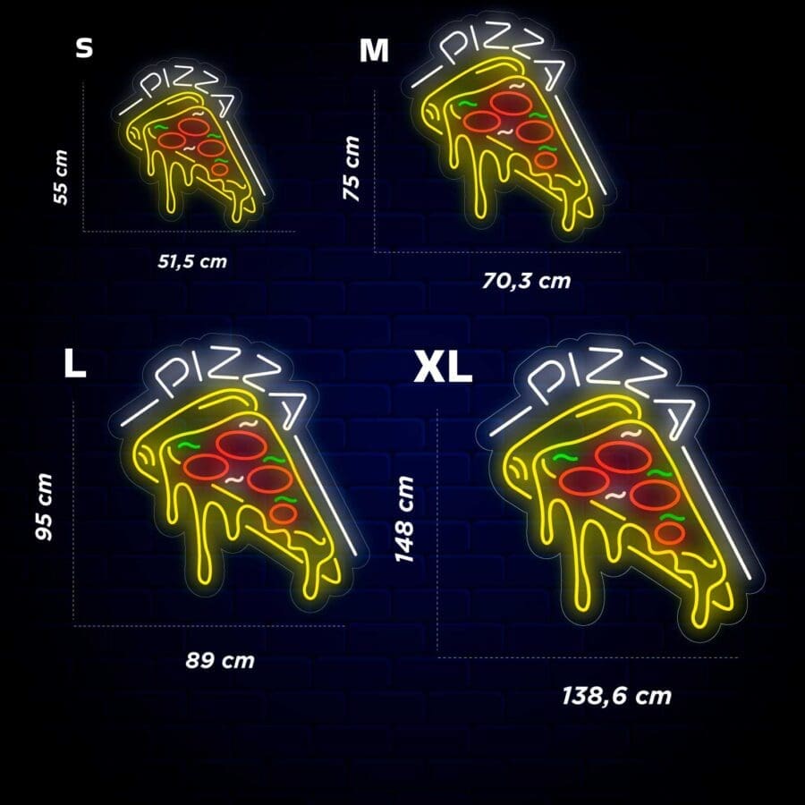Una Pizza Letrero Neón que muestra varios tamaños y medidas de pizza.