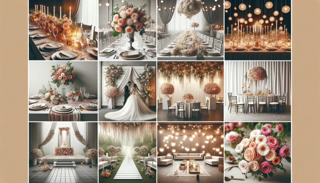 Un impresionante collage de fotografías de una recepción de boda, que muestra varias ideas de *decoración*.