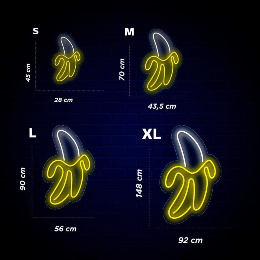 Descripción: Un conjunto de letreros de Neón Banana en varios tamaños, perfectos para un estudio de tatuaje de neón.