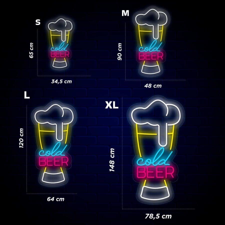 Conjunto de carteles Neón Cold Beer con vasos de cerveza y café con taza de diferentes tamaños.