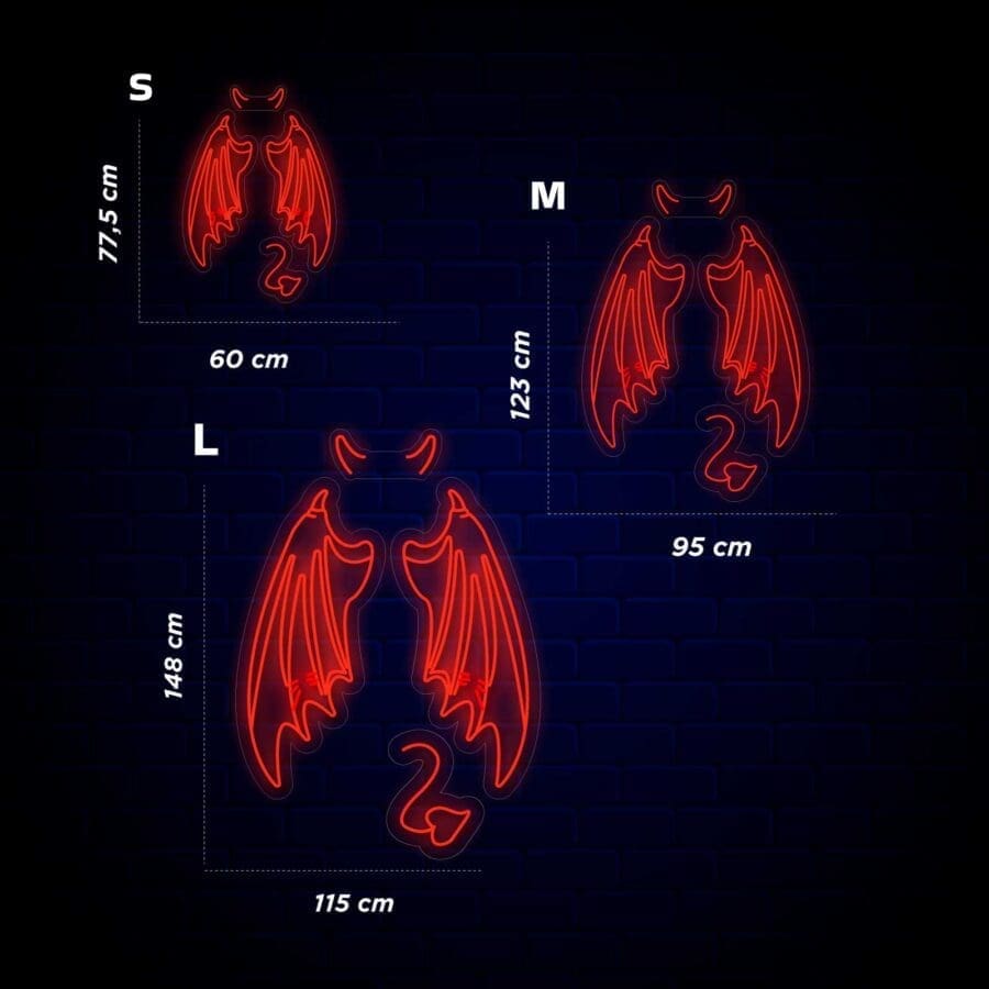 Unos neón alas de demonio sobre un fondo oscuro.