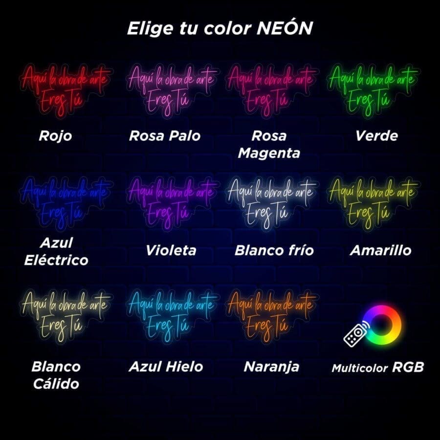 Los colores de Neón Aquí la obra de arte Eres Tu se muestran sobre un fondo negro, creando una exhibición vibrante y cautivadora.