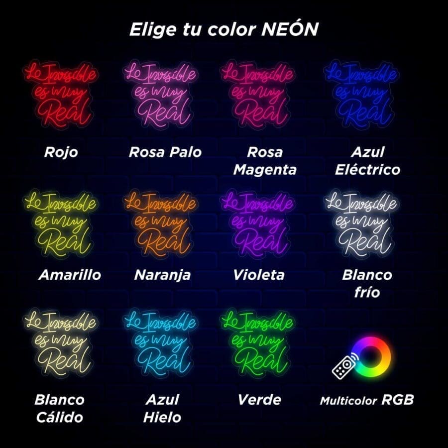 Un cartel de Neón Lo invisible es muy Real que dice "eglito tu color neon".