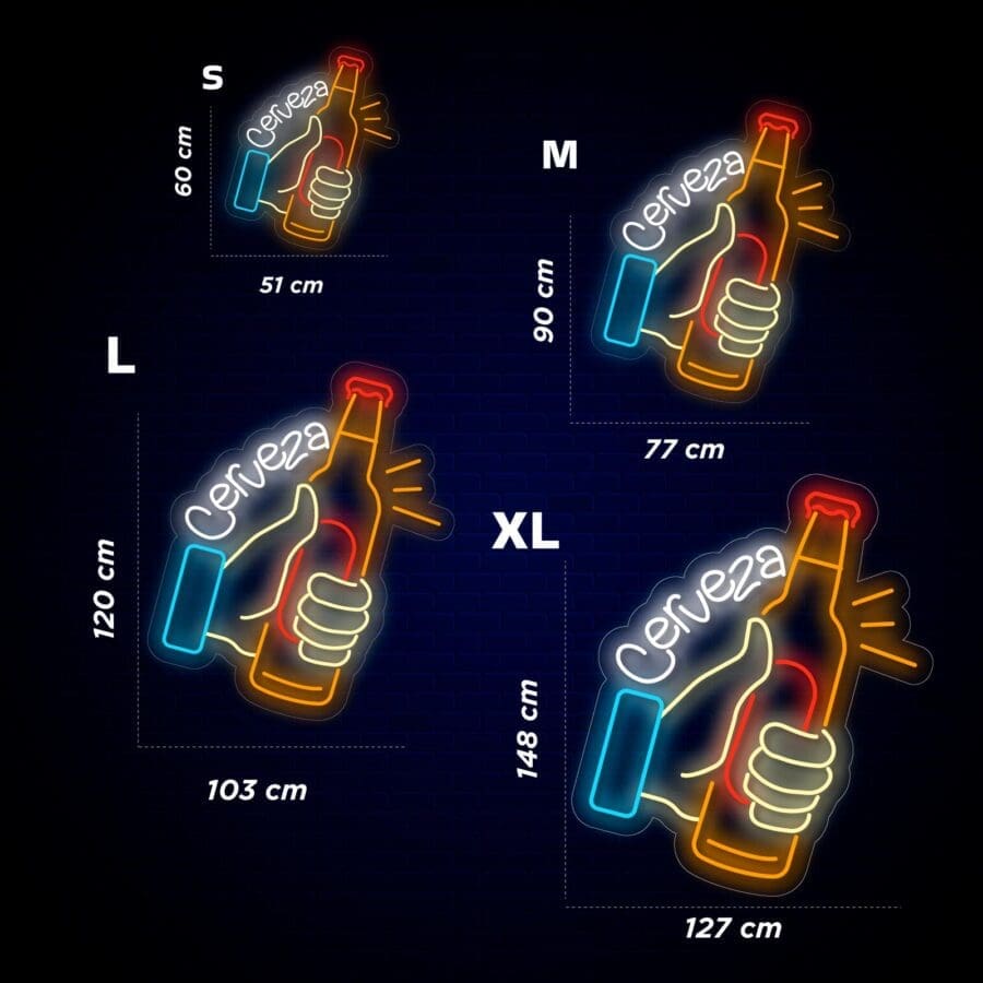Letreros Neón Botella de Cerveza en varios tamaños, desde pequeños hasta extragrandes, con dimensiones mostradas.