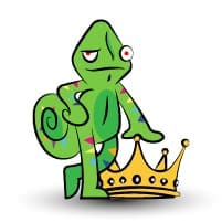 Camaleón de dibujos animados con una corona, que no parece impresionado.