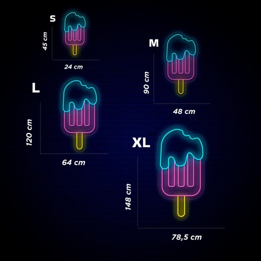 Cuatro carteles de Neón Helado Refrescante de diferentes tamaños (s, m, l, xl) con sus correspondientes dimensiones, sobre un fondo oscuro.