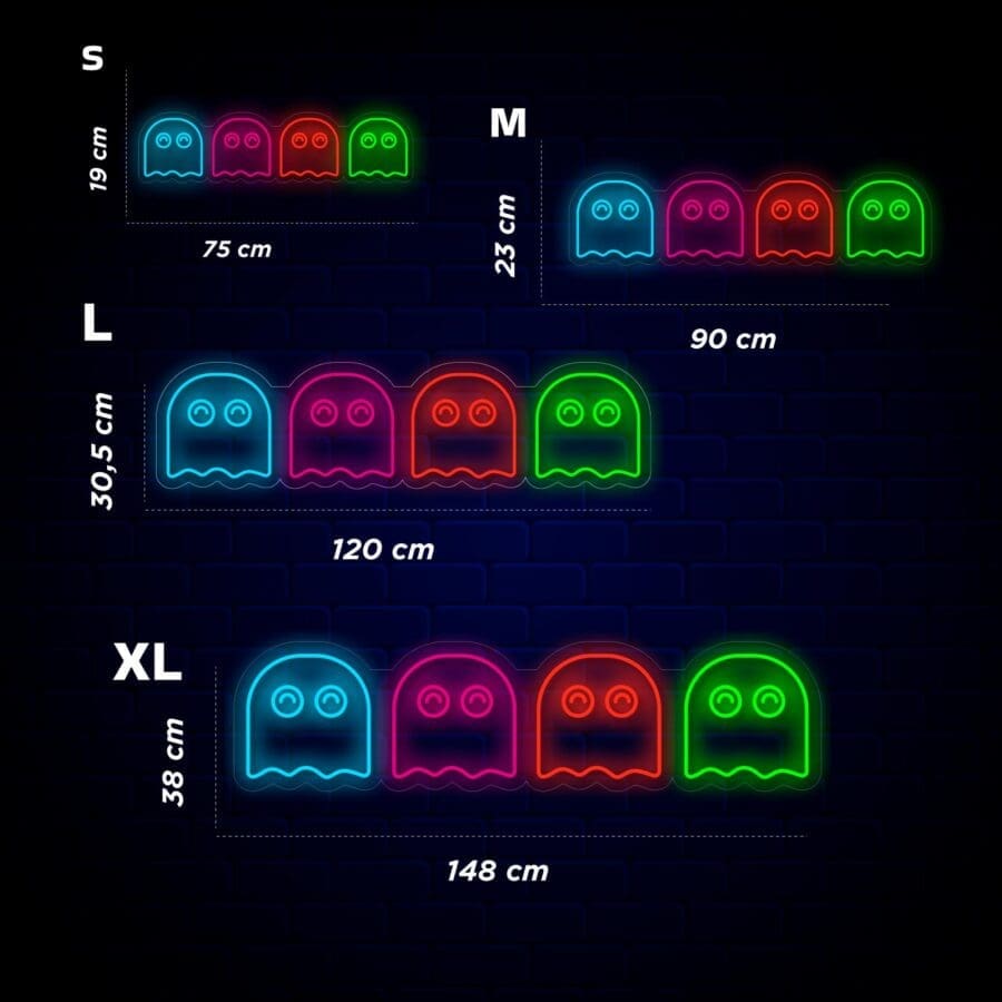 Gráfico que muestra los íconos de Neón Fantasmas Comecocos en cuatro tamaños (S, M, L, XL) con las dimensiones correspondientes para esos momentos perfectos de #Neón: S - 19 cm de alto, 75 cm de ancho; M - 23 cm de alto, 90 cm de ancho; L - 30,5 cm de alto, 120 cm de ancho; XL - 38 cm de alto, 148 cm de ancho. Tomar un