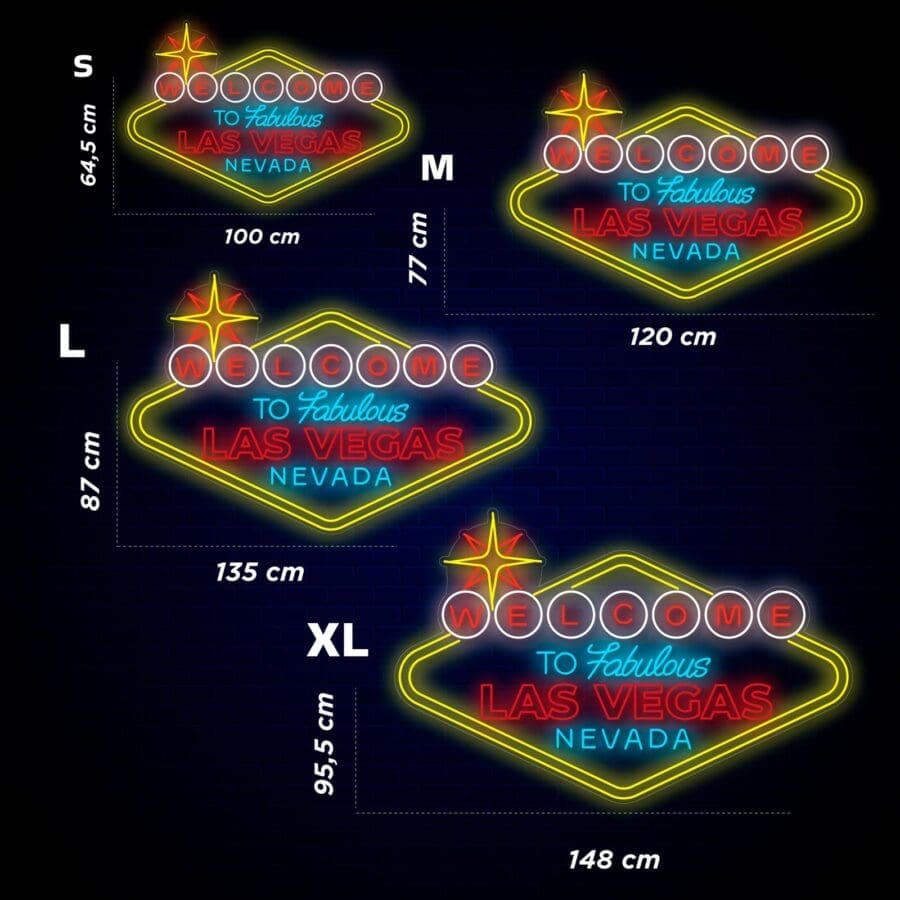 Cuatro letreros Neón Las Vegas de diferentes tamaños sobre un fondo oscuro, perfectos para agregar estilo a cualquier espacio. Tómate una selfie con estas vibrantes piezas disponibles en S (64,5 cm x 100 cm), M (77 cm x 120 cm), L (87 cm x 135 cm) y XL (95,5 cm x 148 cm).