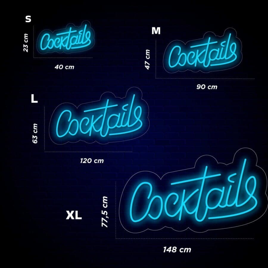 Cuatro carteles Neón Letrero COCKTAILS que muestran la palabra "Cocktails" en varios tamaños (S, M, L, XL), con las dimensiones correspondientes enumeradas al lado de cada uno. ¡Perfecto para un bar de moda o un lugar Neón Take a Selfie!