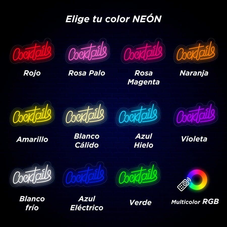 Una cuadrícula muestra las opciones de COCKTAILS de Neón Letrero en 14 tonos desde rojo hasta multicolor RGB, con etiquetas en español. ¡Perfecto para aquellos que quieran tomarse una selfie con la vibrante estética Neón!