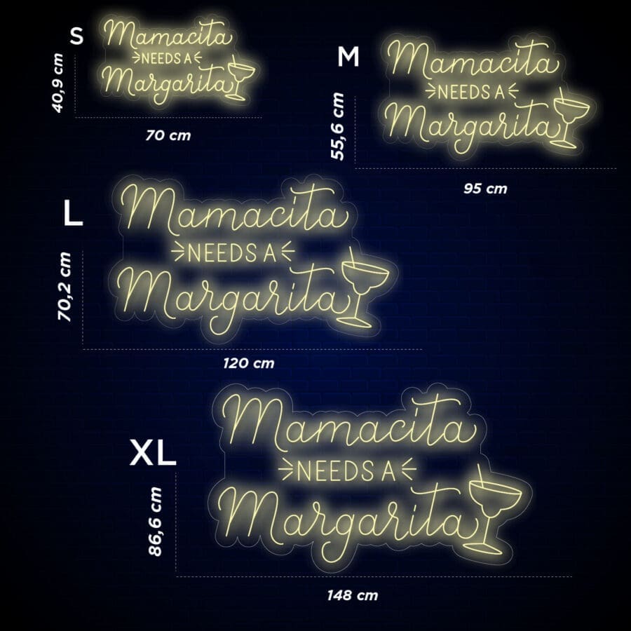 Cuatro letreros de neón dicen "Neón Mamasita Needs a Margarita", perfectos para cualquier entorno. Disponible en tallas S, M, L y XL con dimensiones detalladas. ¡Tómate una selfie con esta decoración vibrante para agregar estilo a tus fotos!