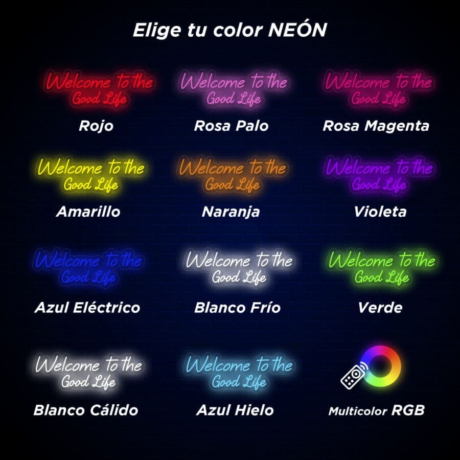 Opciones de color neón mostradas con la frase 'Neón Bienvenido a la buena vida' en tonos vibrantes: rojo, rosa claro, magenta, amarillo, naranja, violeta, azul eléctrico, blanco frío, verde, blanco cálido, azul hielo. Perfecto para un fondo moderno donde puedas decir "Neón Take a Selfie" con un toque multicolor RGB.