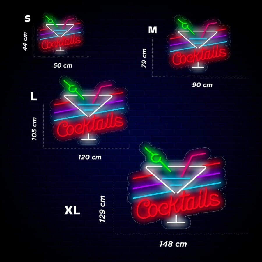 Neón Cocktails con la palabra "Cocktails" en rojo, una copa de martini y líneas de colores. Perfecto para agregar estilo a tu espacio y hacerlo digno de Instagram. Se muestran cuatro tamaños: S (44x50 cm), M (79x90 cm), L (105x120 cm) y XL (129x148 cm), con las dimensiones etiquetadas. ¡Tómate una selfie con esta vibrante pieza!