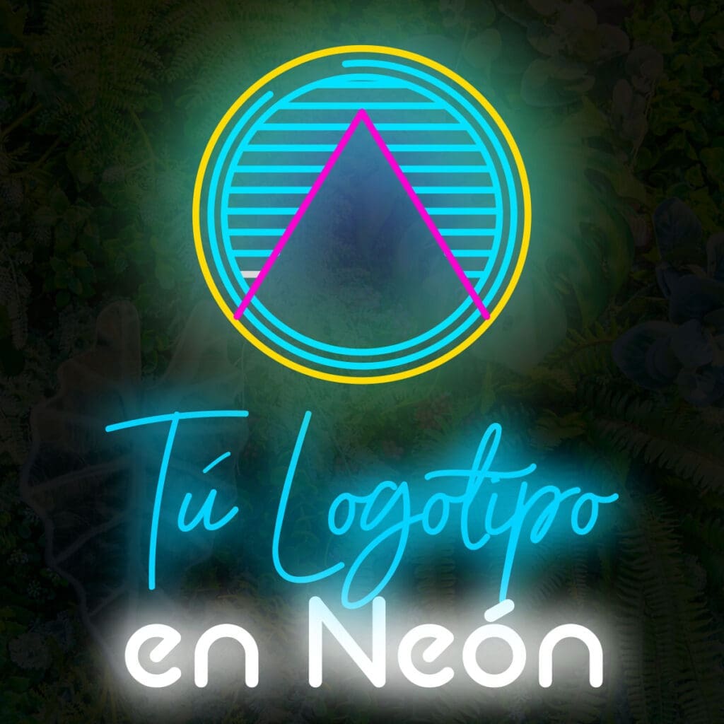 Letrero de neón brillante con un diseño circular encima de las palabras "Logotipo en Neón Personalizado" escritas en texto estilizado en azul y blanco sobre un fondo oscuro.