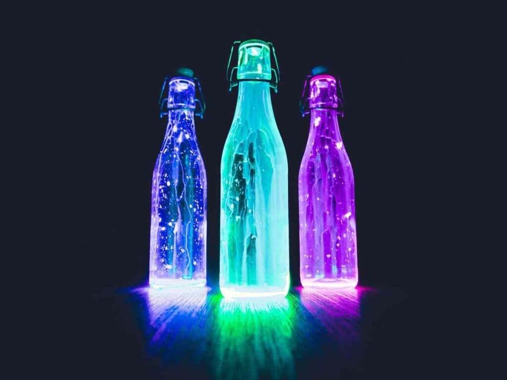 Tres botellas de vidrio están iluminadas desde dentro y brillan con luces azules, verdes y violetas. Las botellas están colocadas sobre un fondo oscuro.