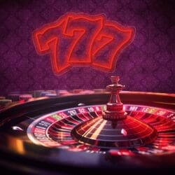 Una ruleta girando en un casino con un cartel rojo brillante "777" en el fondo.